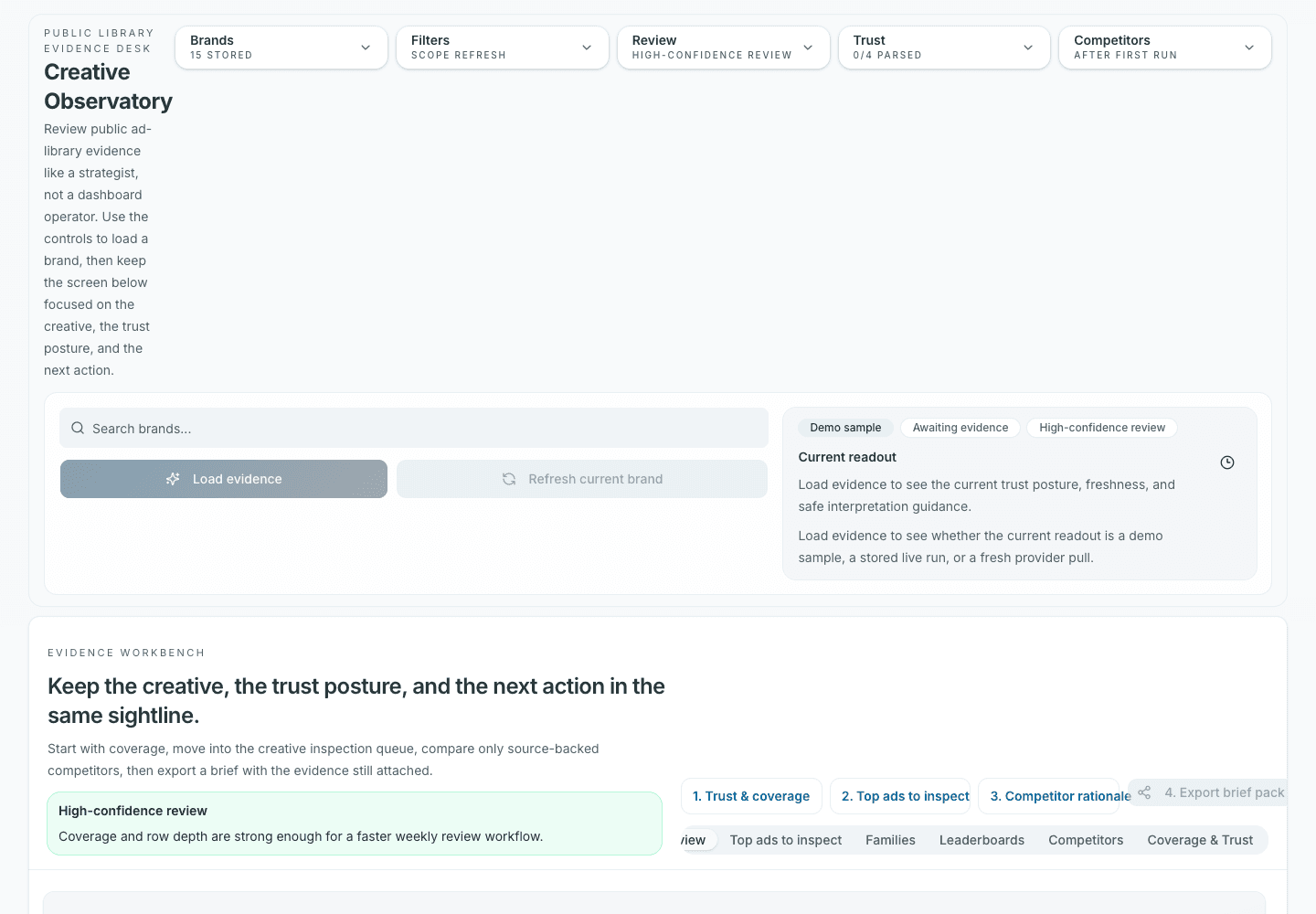 Creative Observatory workbench interface showing brand controls and the evidence review workflow.