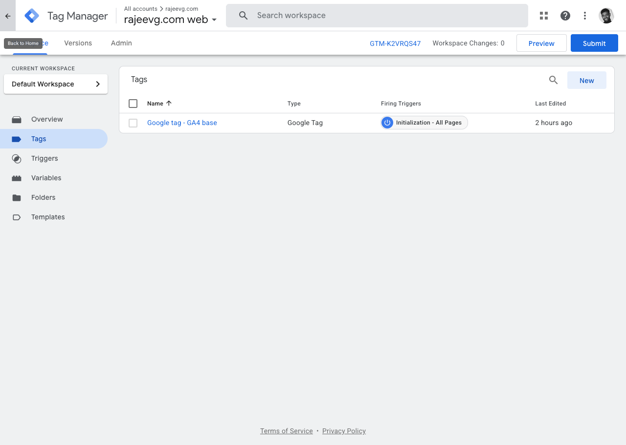 Web GTM workspace showing the live Google tag base tag