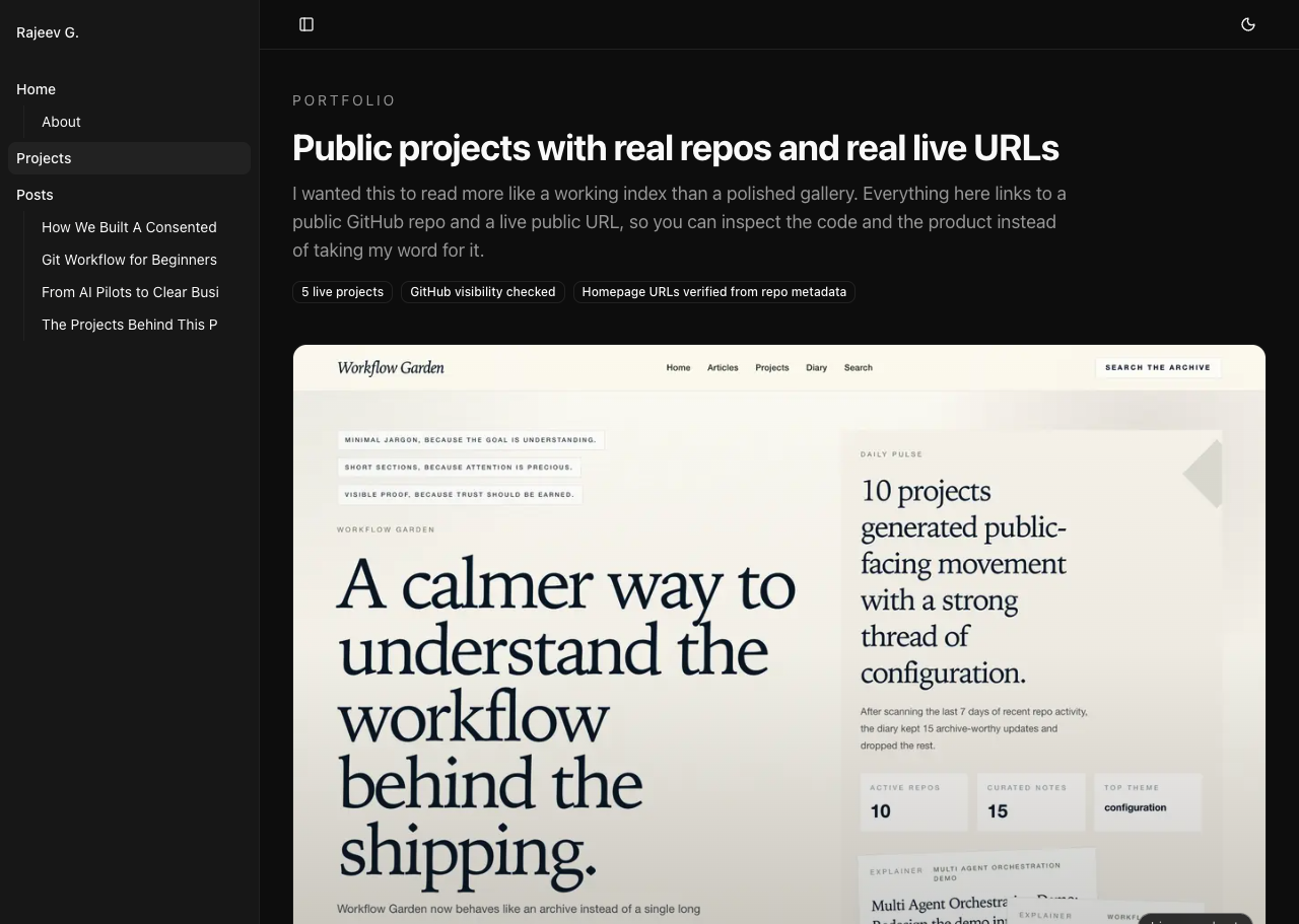The live projects page on rajeevg.com